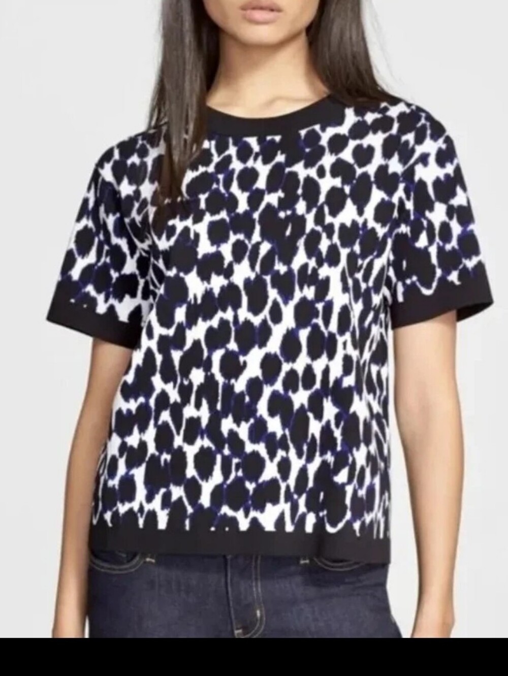 Kate Spade New York Leopard Print Knit Sweater Top Blue Black White Size M